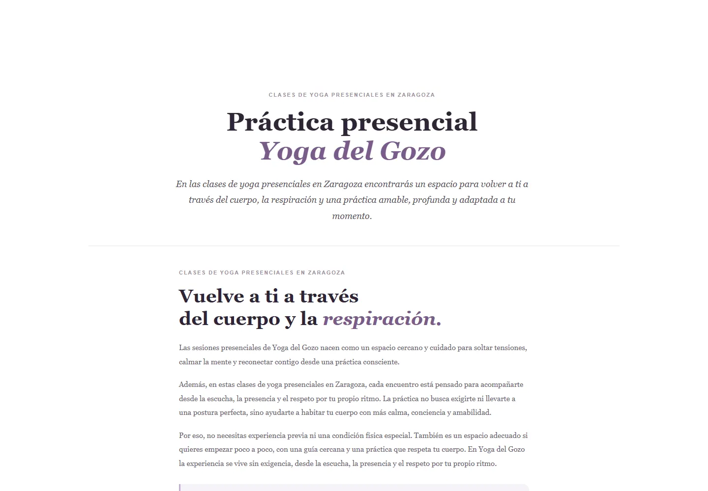 Página de clases presenciales de bhogayoga.es, con la descripción de la práctica y la ubicación.