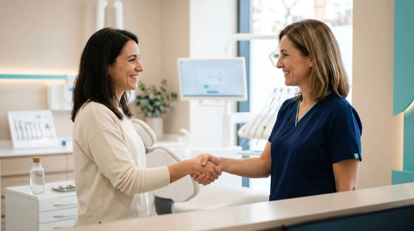 Imagen generada con inteligencia artificial para la web de la clínica dental: dos personas se dan la mano en un gabinete dental.